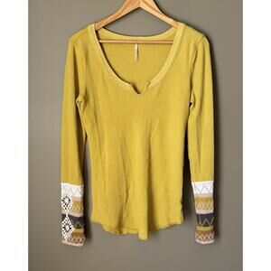 Free People L Kombucha Cuff Yellow Embroidered Boho Waffle Thermal Top FLAW